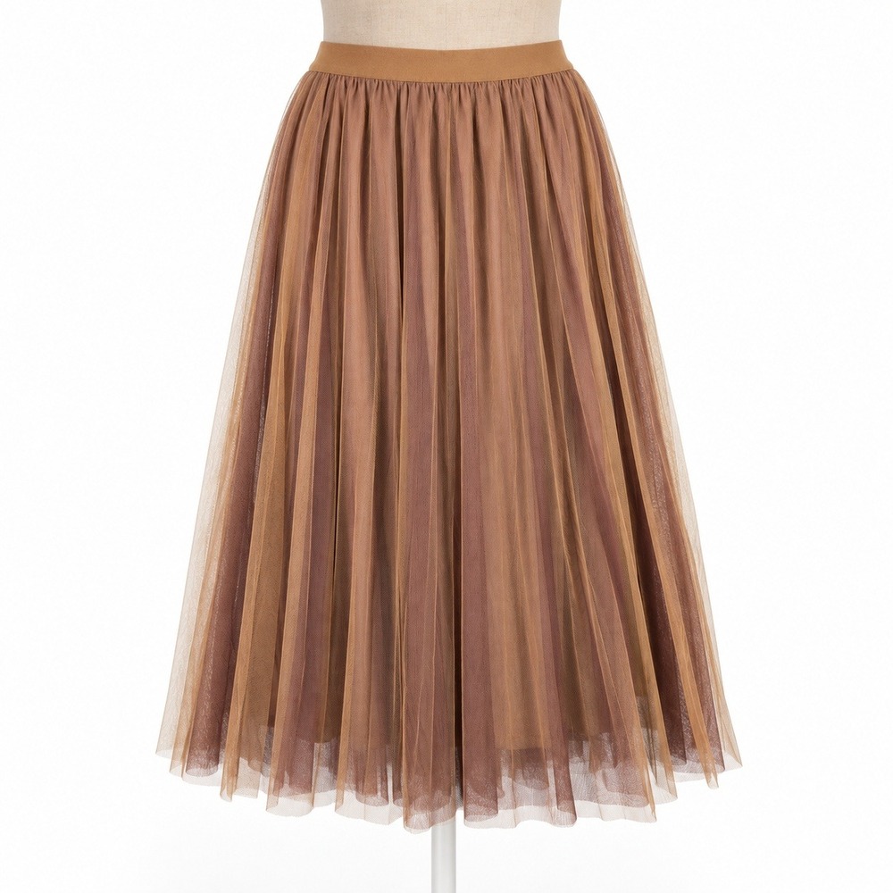 Fairy Tulle Pleated Maxi Skirt Size L Brown Elastic Waist Boho Grunge Whimsigoth